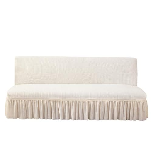 Daunkang Futon Cover Slipcover Removable Armless Sofa Bed Slipcovers Full Size with Skirt Ruffled Knitted Futon Sofa Cover Furniture Bed Protector with Elastic Bottom S White - Image 1