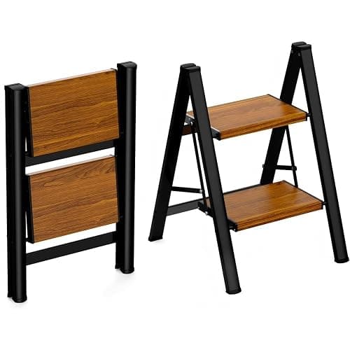HBTower Step Ladder,Lightweight Aluminum Folding Step Stool with Anti-Slip Wide Pedal,330lbs Capacity Step Ladder for Household,Kitchen,Office - BlackWoodgrain - Image 1