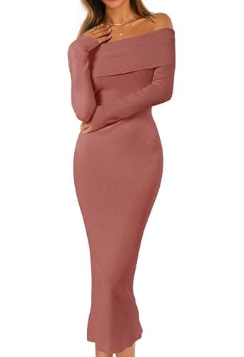 MEROKEETY Women's Fall Off Shoulder Bodycon Sweater Dress 2025 Formal Long Sleeve Elegant Club Party Midi Maxi Dresses - Image 1