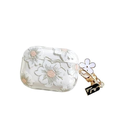 Earphone Case for AirPods 4, Beautiful Elegant Flower Floral Case Soft Silicone Case, Transparent Clear AirPods 4 Cover Protective Case Skin Shockproof Protector for Earbuds +Keychain-White - Image 1