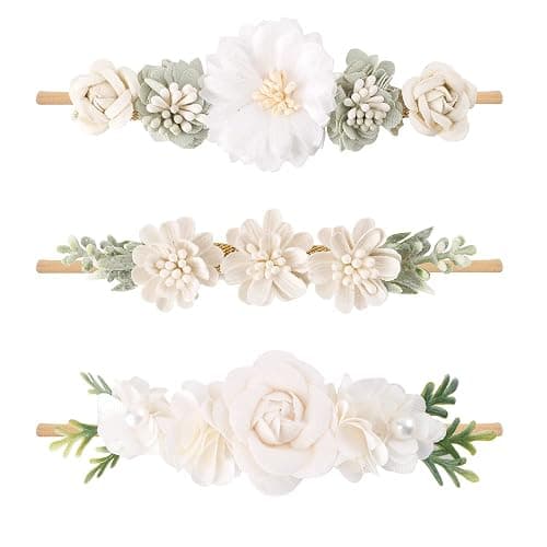 cherrboll 3pcs Baby Girl Flower Headbands, Super Soft & Stretchy Nylon Floral Hairbands for Newborn Toddler - Sage Green - Image 1