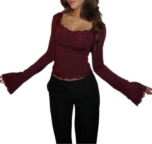 Womens Lace Trim Square Neck Shirt Y2k Bell Long Sleeve Crop Top Aesthetic Fairy Slim Fit Going Out Blouse - Image 1