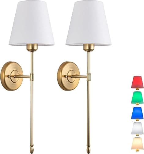 Battery operated wall lamp set of 2,Wireless wall sconces,wall light fixtures with remote,Charging bulbs,Fabric lampshade,For living room,TV Wall,Bedroom.With bulbs+remote control+charging cable - Brass - Image 1