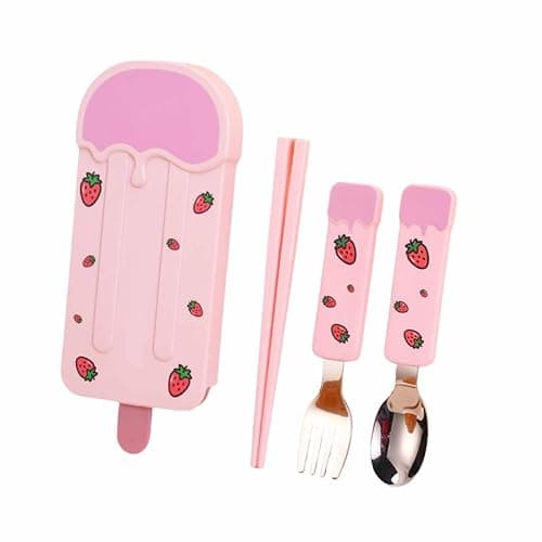 3-Piece Portable Stainless Steel Cutlery Set with Case - Cartoon Ice Cream Shapes, Mirror Polished Fork, Spoon, Chopsticks (Pink) - Image 1