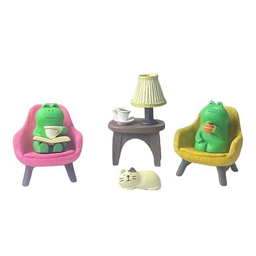 Miniature Frog Set with Sofa, cat, and Desk lamp - Cute Desk Accessories for Office Desk Decor and Home Display, Perfect as Desk Pets or Flower Frog - Image 1