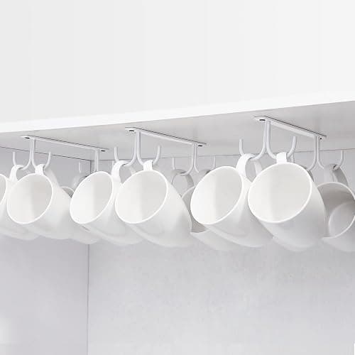 FOMANSH Mug Rack Under Cabinet - Coffee Cup Holder, 12 Mugs Hooks Under Shelf, Display Hanging Cups Drying Hook for Bar Kitchen Utensils White - Image 1