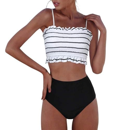 RXRXCOCO Womens Shirred Bandeau Bikini Cute Two Piece Swimsuit Off Shoulder High Waist Bathing Suit - Image 1