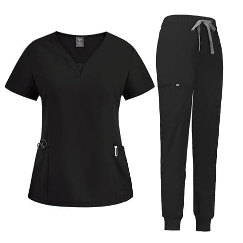 niaahinn Scrub Suit Set for Women Modern V-neck Top & Tapered Leg Jogger Pants with Drawstring Medical Nursing Uniforms Set - Image 1
