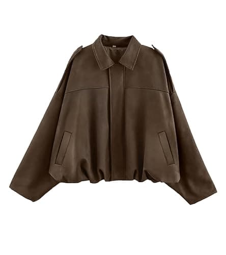 Bnigung Womens Faux Suede Bomber Jacket Oversized Long Sleeve Cropped Coat | Lightweight Going Out Suede Jackets, 2 Pockets, Lapel Collar, Batwing Sleeve, Zip up, Outerwear for Casual Daily Vacation - Image 1