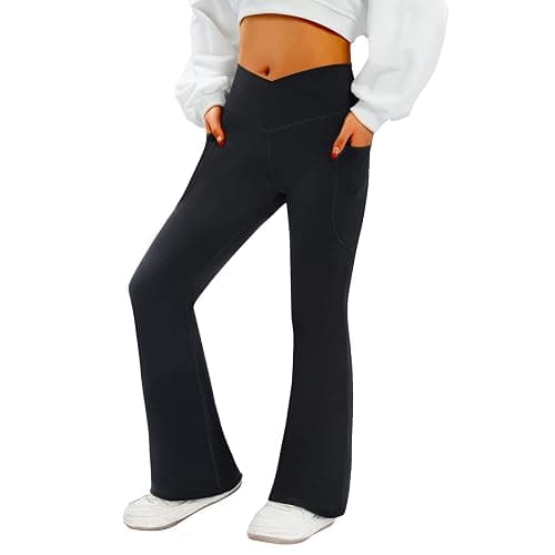 COPYLEAF Women's Flare Yoga Pants with Pockets-V Crossover High Waisted Bootcut Yoga Leggings-Flare Workout Gym Leggings - X-Large - Black - Image 1
