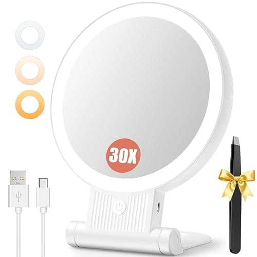 Auxmir 1X/30X Magnifying Mirror with Light, Double Sided Makeup Mirror with Adjustable 3 Color Light, 2000mAh Rechargeable Lighted Magnifying Mirrors with Tweezer, Foldable Travel Mirror with Rotation - Image 1