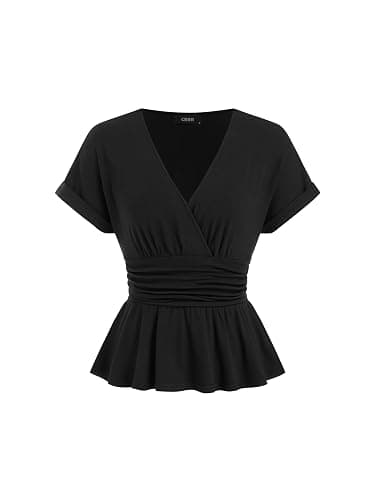 CIDER Womens Business Casual Tops Ruffle Deep V Neck Dressy Short Sleeves Wrap Top Ruched Summer Trendy Outfit - Image 1