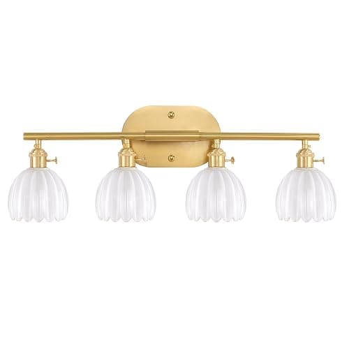 Shenmoyl Bathroom Light Fixtures, 4-Light Brass Vanity wall Light Over Mirror with White Tulip Glass Shade for Bedroom Living Room (Bulb Not Included) - Image 1