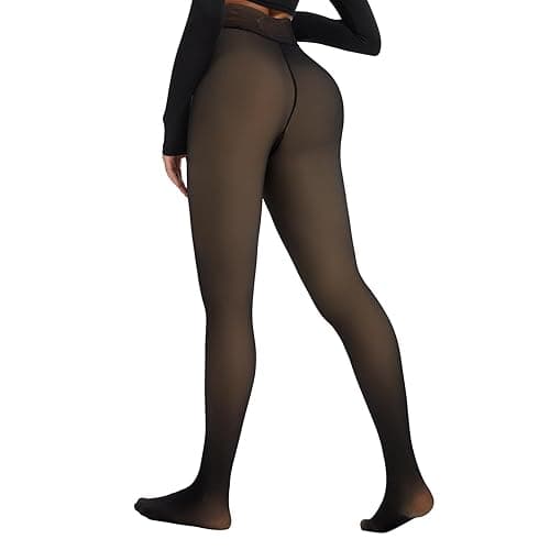 Spring Water Fleece Lined Tights Leggings Women, Black Tights Thermal Warm One Lined Design Sheer Skintone for Winter - Image 1