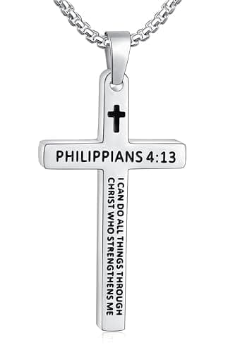 Fiusem Bible Verse Cross Necklace for Men, Stainless Steel Mens Necklace, Black/Gold/Silver Tone Cross Pendant for Men - Image 1