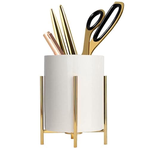 SIEBOLD Gold pencil cup Sturdy metal frame with white ceramic pen holder For desks and kitchen appliance holders - Image 1