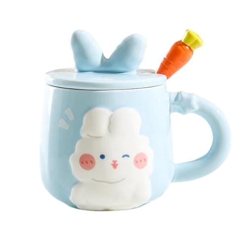 Heardbeli Cute Ceramic 3D Cartoon Rabbit Bunny Coffee Mug 420ML/14.2OZ, with Rabbit Ear Lid and Carrot Spoon, Fun and Novelty Gift for Women Girls (Blue) - Image 1