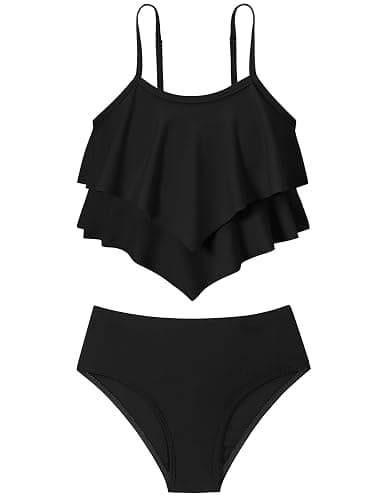 oklady Girls Swimsuit 2 Piece Bikini Set Tiered Ruffled Bathing Suit Adjustable Straps Girls' Swimwear - Pure Black - 13-14 Years - Image 1