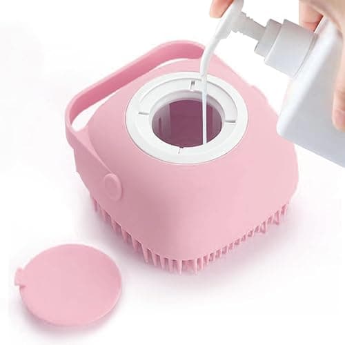 ELEGX Pet Grooming Bath Massage Brush with Soap and Shampoo Dispenser Soft Silicone Bristle for Long Short Haired Dogs Cats Shower (Pink) - Image 1