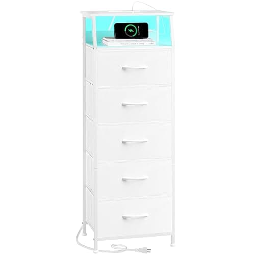 Somdot White Nightstand with Charging Station and LED Light for Bedroom, Tall 5 Drawers Dresser with Fabric Bins for Bedside Kids Dorm Room Closet Laundry Entryway, White Leather - 11"D x 16.5"W x 45.3"H (5 Drawers) - White Leather - Image 1