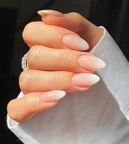 LANYOS 24PCS Press on Nails Medium Glossy Nude French Tips Fake Nails Almond Glue on Nails Reusable False Nails Acrylic Stick on Nails for Women Girl (Almond Nude Gradient) - Image 1