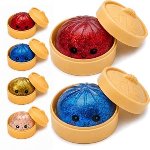 2PCS Dumpling Squishies Toys with Food Steamer,Sparkly Glitter Squeeze Dough Fidget Sensory Stress Balls,Hand Desk Toys for Stress Relief Squishies Dumpling Gifts,Red&Blue - Image 1