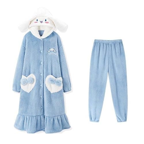 Brrioe Women's Cute Robe Button Bathrobe - Hooded Plush Sleepwear with Kawaii Pattern and trousers Sets - Image 1