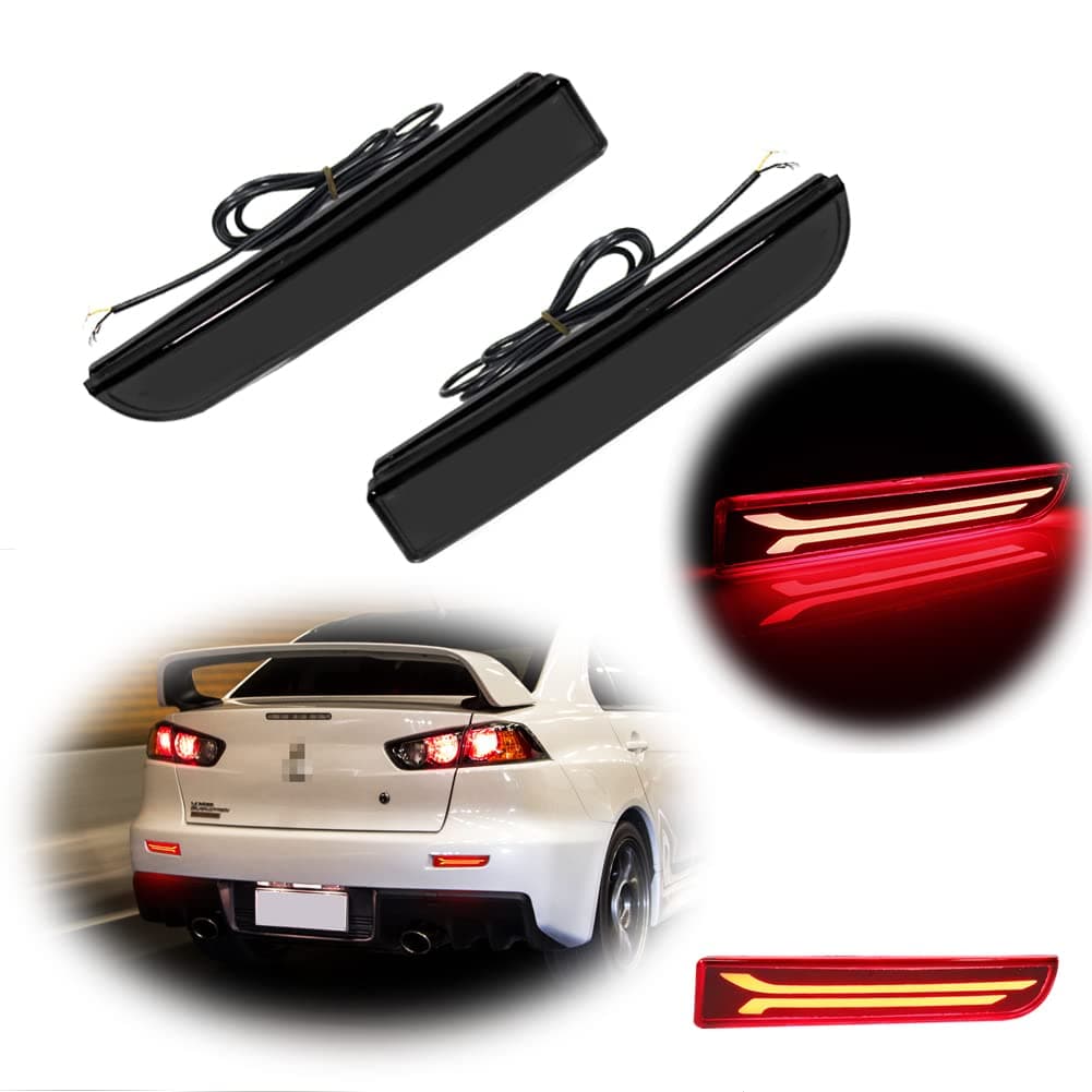 Smoked Lens Led Rear Bumper Reflector Brake Tail Light with Sequential Turn Signal Lamps and Strobe Brake Lighting for Mitsubishi Lancer, Evolution X or Outlander 2008-2017 - Image 1