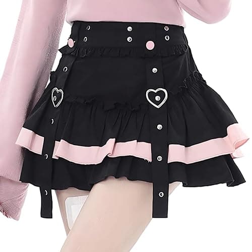RILGOU Kawaii Lolita Goth Vintage Casual Elastic Waist Color Blocking Rivet Lace Trim Layered Pleated Skirt for Women - Image 1