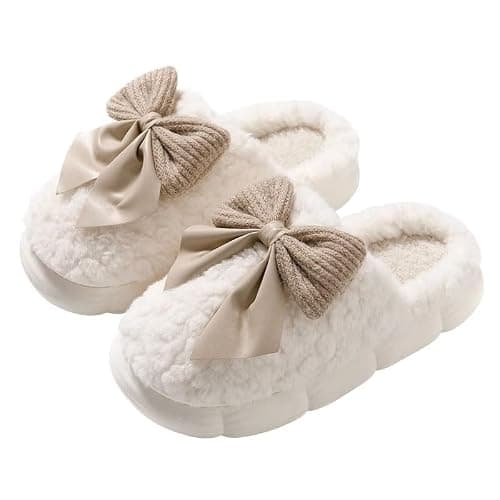 HANDKEI Women's Slippers Warm Plush Bow Indoor Anti slip Home Thick Sole Winter Slippers - Image 1