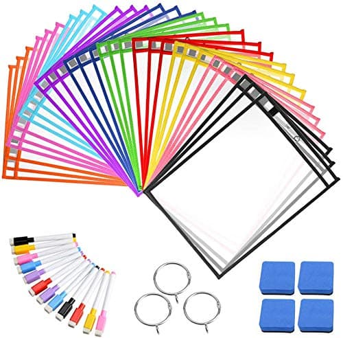Dry Erase Pocket Sleeves, 30 Pack, Reusable, Crystal Clear, Oversized, 10 x 13 inches, Heavy Duty Plastic Sheet Protectors Classroom Organization and School Supplies - Image 1