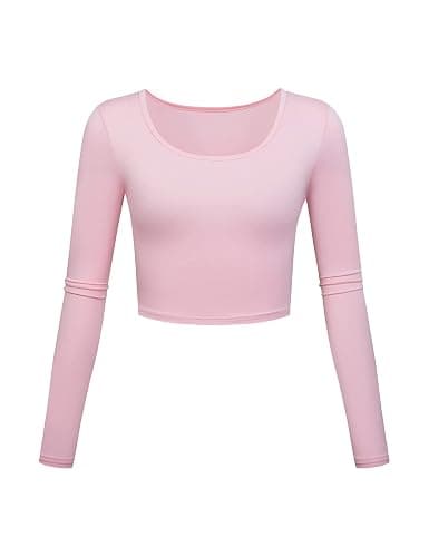 Long Sleeve Crop Tops for Women Scoop Neck Cute T-Shirts Basic Slim Clothes for Teen - Small - Pink - 1 - Image 1