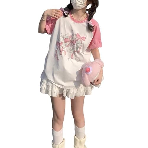 Women Kawaii Japanese Oversized Shirt Bow Graphic Tees Cartoon Baggy Tops Y2K Teen Girl Plus Size Shirts - Image 1