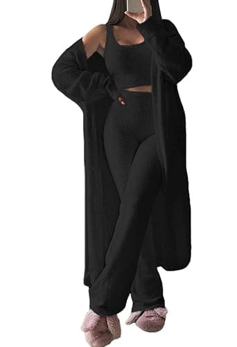 Fixmatti Women's Fuzzy 3 Piece Sweatsuit Open Front Cardigan Crop Tank Tops Wide Legs Pants Lounge Sets - Image 1