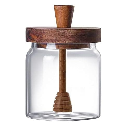 hiwafifi Glass Honey Jar with Dipper and Lid, 14 OZ Airtight Honeypot with Acacia Wood Lid, Coffee Syrup Dispenser, Round Honey Storage Container, Kitchen Dining Gifts for Her Bar Accessories - Image 1