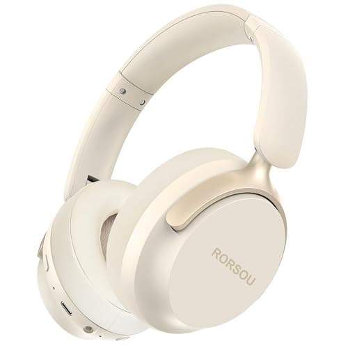 RORSOU B8 Bluetooth Headphones Over Ear, 6 EQ Music Modes and 50H Playtime Deep Bass Wireless Headphones with Mic, Lightweight Folding HiFi Stereo Headset for iPad/Travel/Tablet/PC/Home Beige White - Image 1