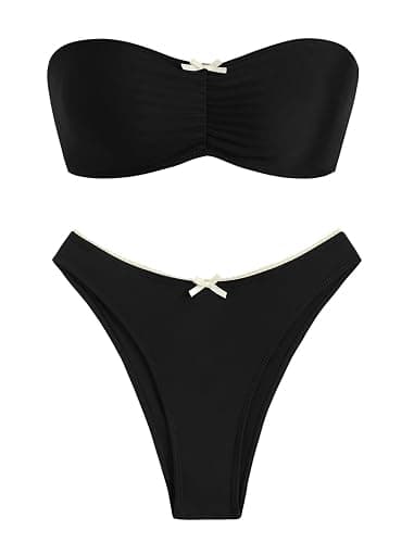 ZAFUL Women's Strapless Bikini Openwork Textured Bow Ruched Lace Up High Cut Bandeau Swimsuit Bathing Suits - 1-black - Medium - Image 1