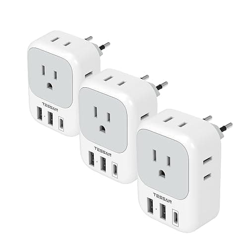TESSAN 3 Pack European Travel Plug Adapter USB C, US to Europe Plug Adapter with 4 AC Outlets and 3 USB Ports, Type C Power Adaptor for USA to EU International Spain France Iceland Italy Greece - Gray&White-Type C - Image 1