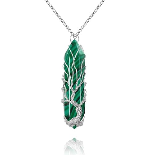 VIBILIA Healing Crystal Necklace Tree of Life Wire Wrapped Natural Stone Point Pendant Necklace Hexagonal Reiki Spiritual Quartz Gemstone Jewelry for Women Men - Image 1