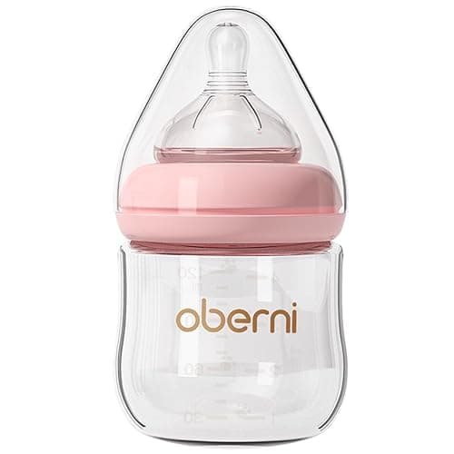 Oberni Glass Baby Bottles,Anti Colic Breastfeeding Bottle with Natural Response Nipple Size S,Wide Neck Slow Flow Baby Bottle for Baby,Newborn,Preemie 0-3 0-6 Month,BPA Free (Pink, 1 Pack, 4 Ounce) - Image 1