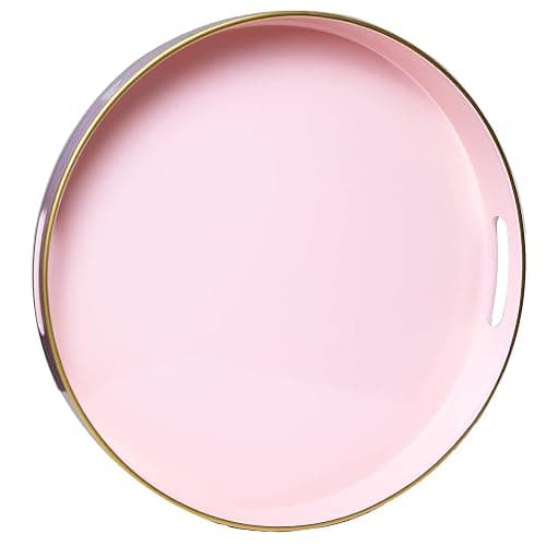 Spsyrine Round Pink Decorative Tray, 13" Plastic Serving Table Tray with Handles for Breakfast, Round Modern Ottoman Tray for Coffee Table, Bathroom, Kitchen, Living Room - Image 1
