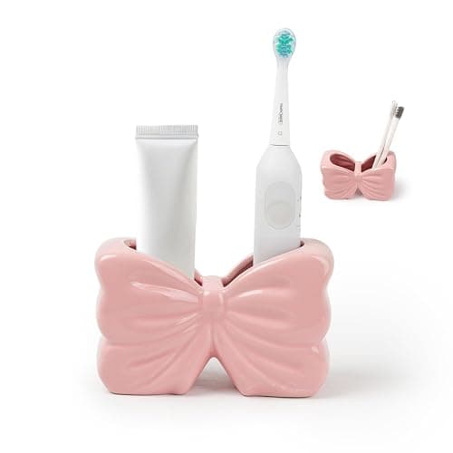 Zaposcca Bow Toothbrush Holder, Pink Ceramic Multi-Purpose 2-Section Organizer for Bathroom, Kitchen, Bedroom, Office Decor - Image 1