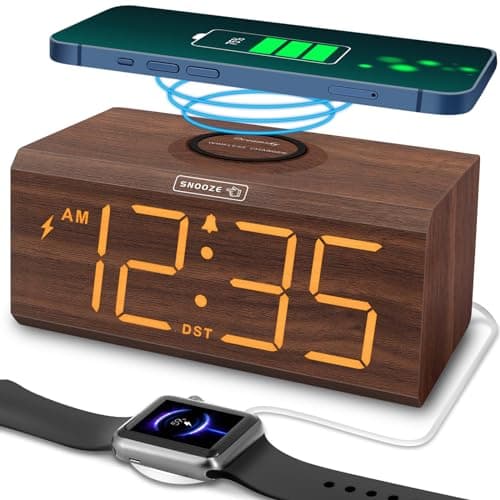 DreamSky Wooden Digital Alarm Clock with Wireless Charging, 18W Fast Charger Station for Bedroom Bedside, Large Numbers, USB Port, Adjustable Volume, Brightness Dimmer, DST - Image 1