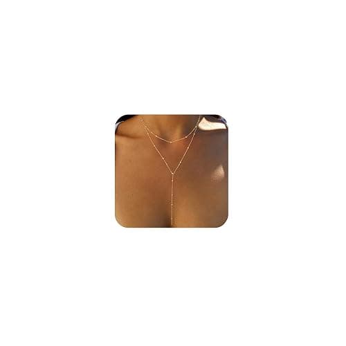 Foxgirl Lariat Gold Necklace for Women, Dainty Long Necklace 14k Gold Plated/Silver Y-Shaped Pendant Necklace Trendy Layered Cz Beaded Chain Drop Necklaces Simple Gold Jewelry For Women Gift - Image 1