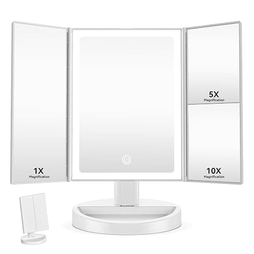 Auxmir Vanity Makeup Mirror with 34 LED Lights, 10X/5X/1X Magnifying Mirror with Touch Screen, Stepless Dimmable Brightness Adjustable Trifold Mirror, Dual Power 180° Rotation Cosmetic Vanity Mirror - Dual Power-white - Image 1