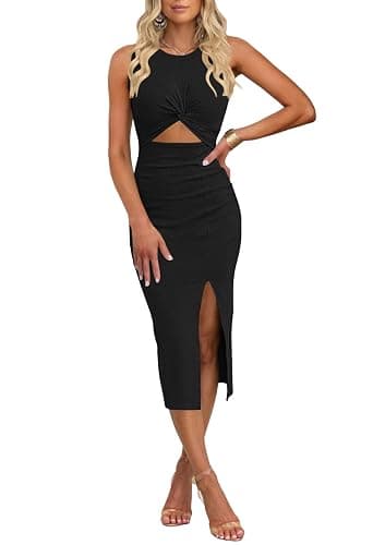 oten Women's Casual Sleeveless Cutout Twist Front Side Slit Ribbed Knit Party Bodycon Midi Dresses - Image 1