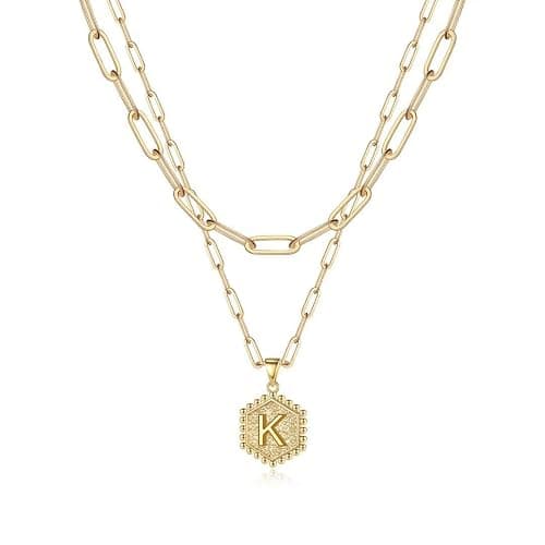 M MOOHAM Dainty Initial Necklaces for Women, 14K-Gold-Plated Layering Necklace for Women Cute Hexagon Letter Initial Necklace Layered Necklaces for Teenage Teen Girls Christmas Gifts Stocking Stuffers - Image 1