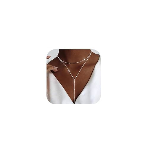 Luxval Lariat Silver Necklace for Women, Dainty Long Necklace Silver Y-Shaped Pendant Necklaces Trendy Beaded Chain Drop Necklaces Jewelry for Women Gifts - Image 1