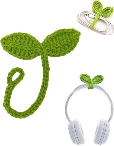 Green Crochet Leaf Sprout, Lucky Handmade Knitted Sprout Headphone Accessories, Leaf Headset Attachment, Multi-Functional Cute Cable Tie Crocheted Knitting Plant Bookmark Gift for Book Lovers - Image 1