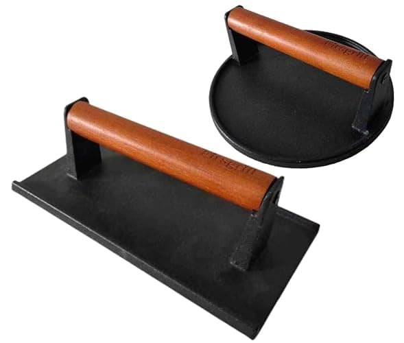 Firsgrill Burger Press 7.08" Round & 8.3”X4.3”Rectangle Heavy-Duty Cast Iron Smash Meat Steak With Wood Handle for Blackstone Camp chef Pitboss Weber Treager Griddle Grills (Round & Rectangle) - Image 1